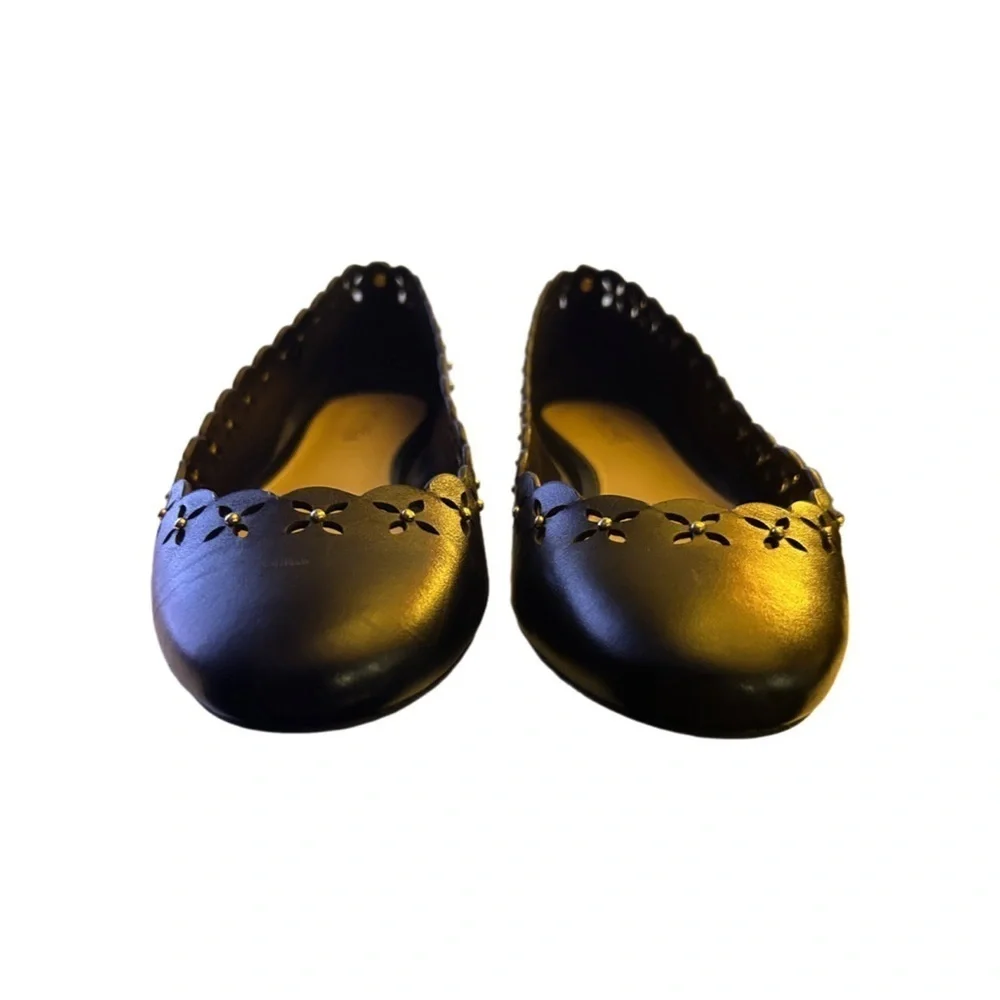 Michael Kors Thalia Black Leather Gold Stud Floral Ballet Flats, NWOT, Size 6